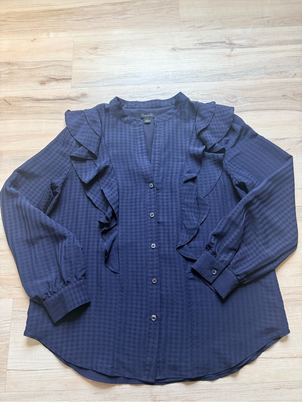 Ann Taylor Navy Ruffle-Trim Button Down Shirt